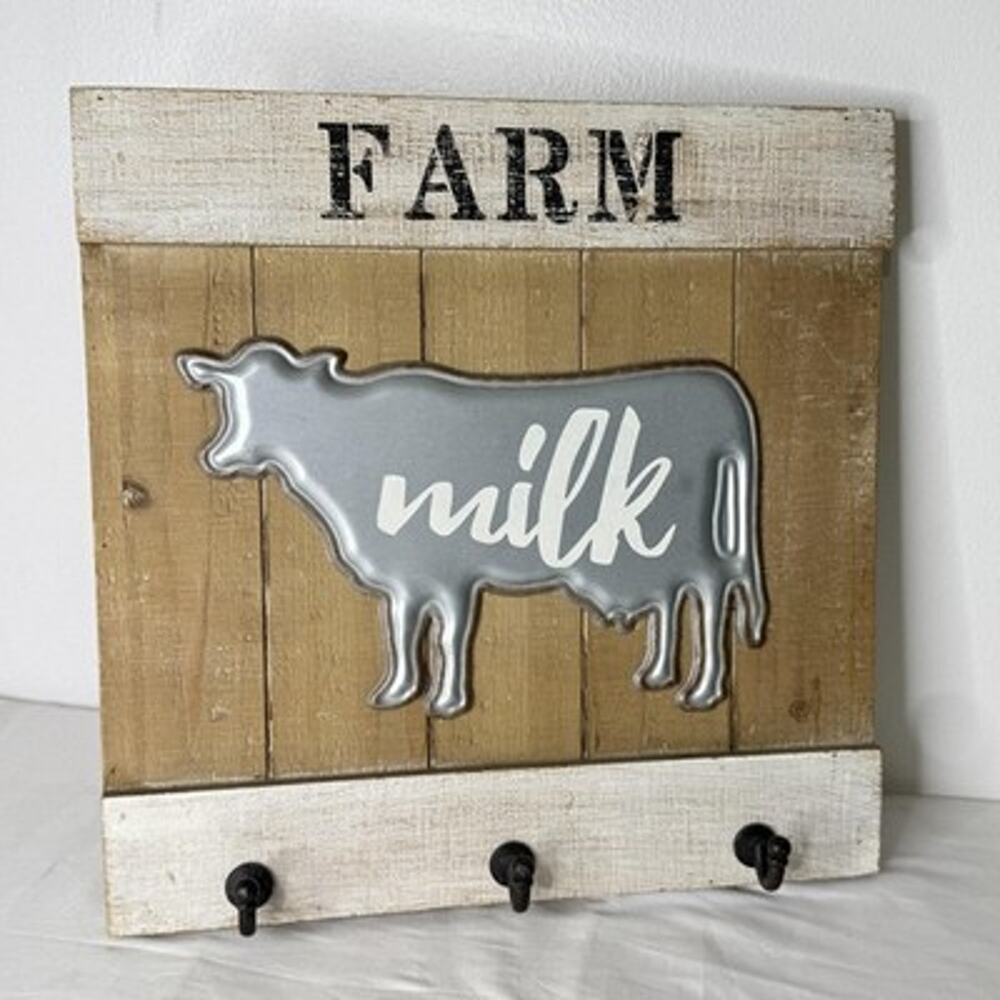 Farmhouse Sign Brown Farm Cow Milk Wall Hooks Plaque Rustic Wood Kitchen Decor
